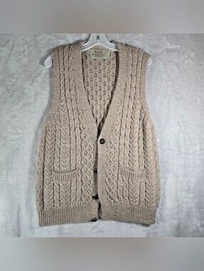 Aran Sweater Market Knit Vest Mens Medium Cream Merino Wool Ireland Cardigan